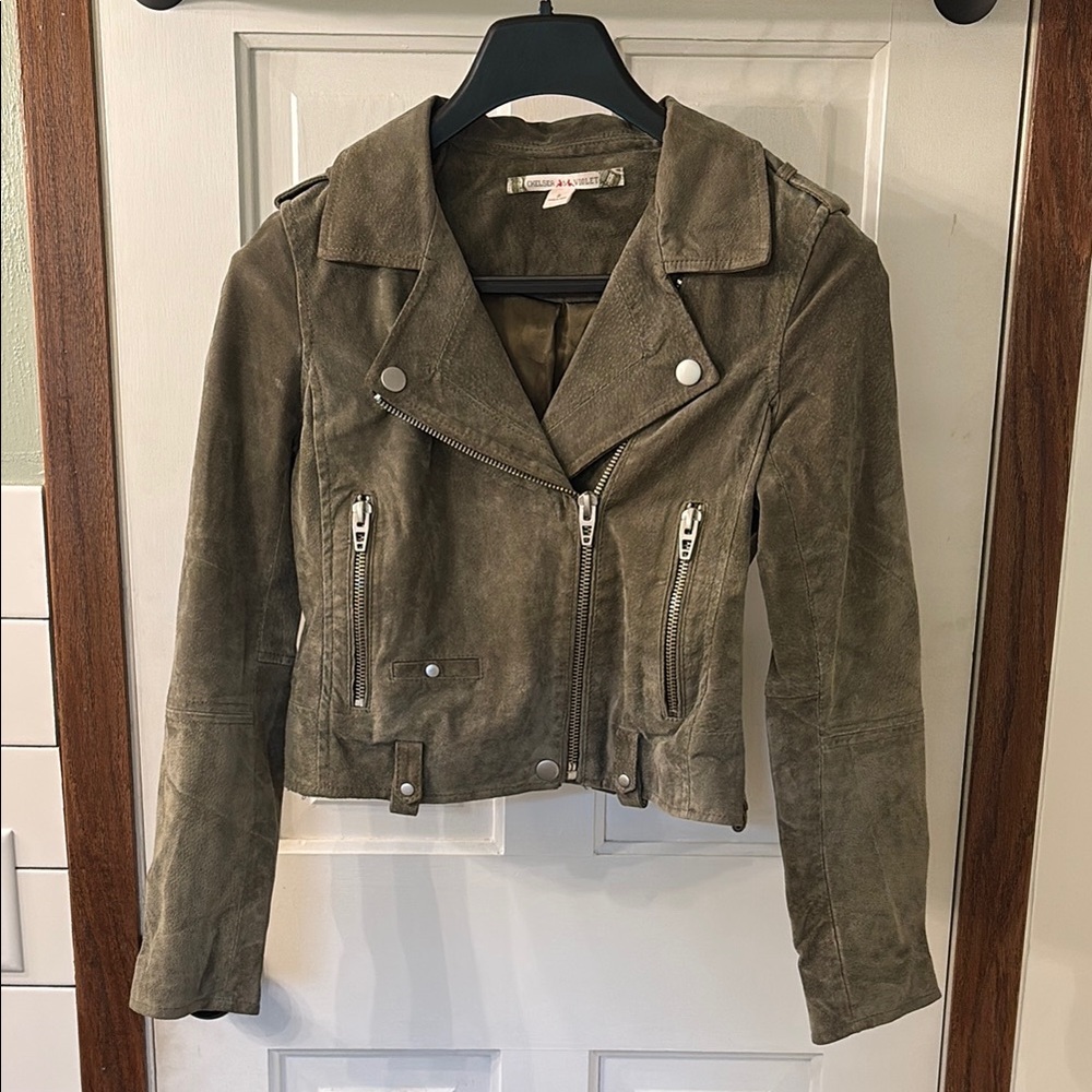 Chelsea & Violet Green Leather Jacket with Structured Shoulders